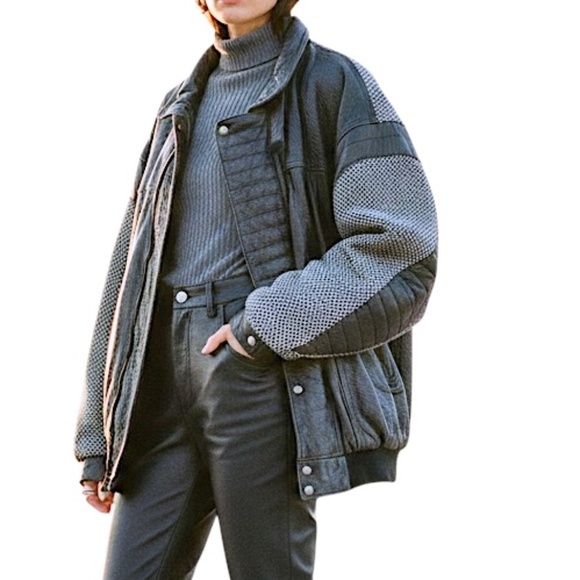 Vtg 80s 90s Perino Ponti Italy black leather black white tweed oversized bomber - Picture 3 of 16